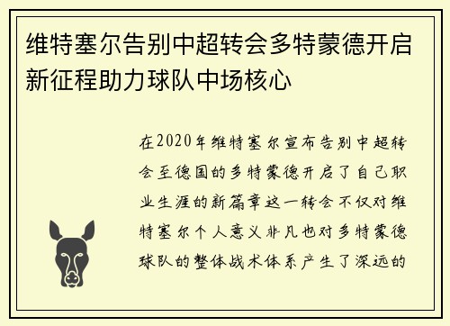 维特塞尔告别中超转会多特蒙德开启新征程助力球队中场核心